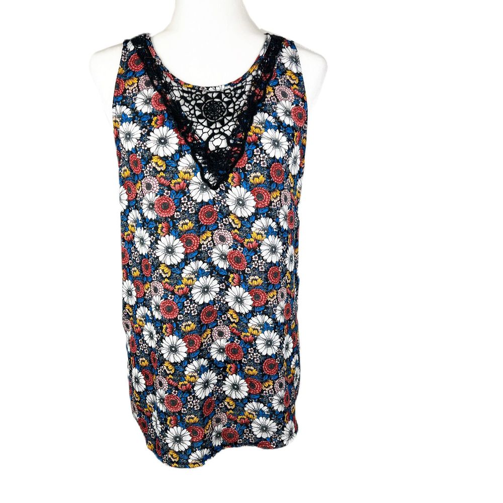 LC Lauren Conrad Tank Top Women Medium Black Floral Lace Collar Sleeveless